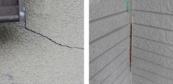 モルタル壁のひび割れ、サイディング壁の目地のシーリング剤の劣化